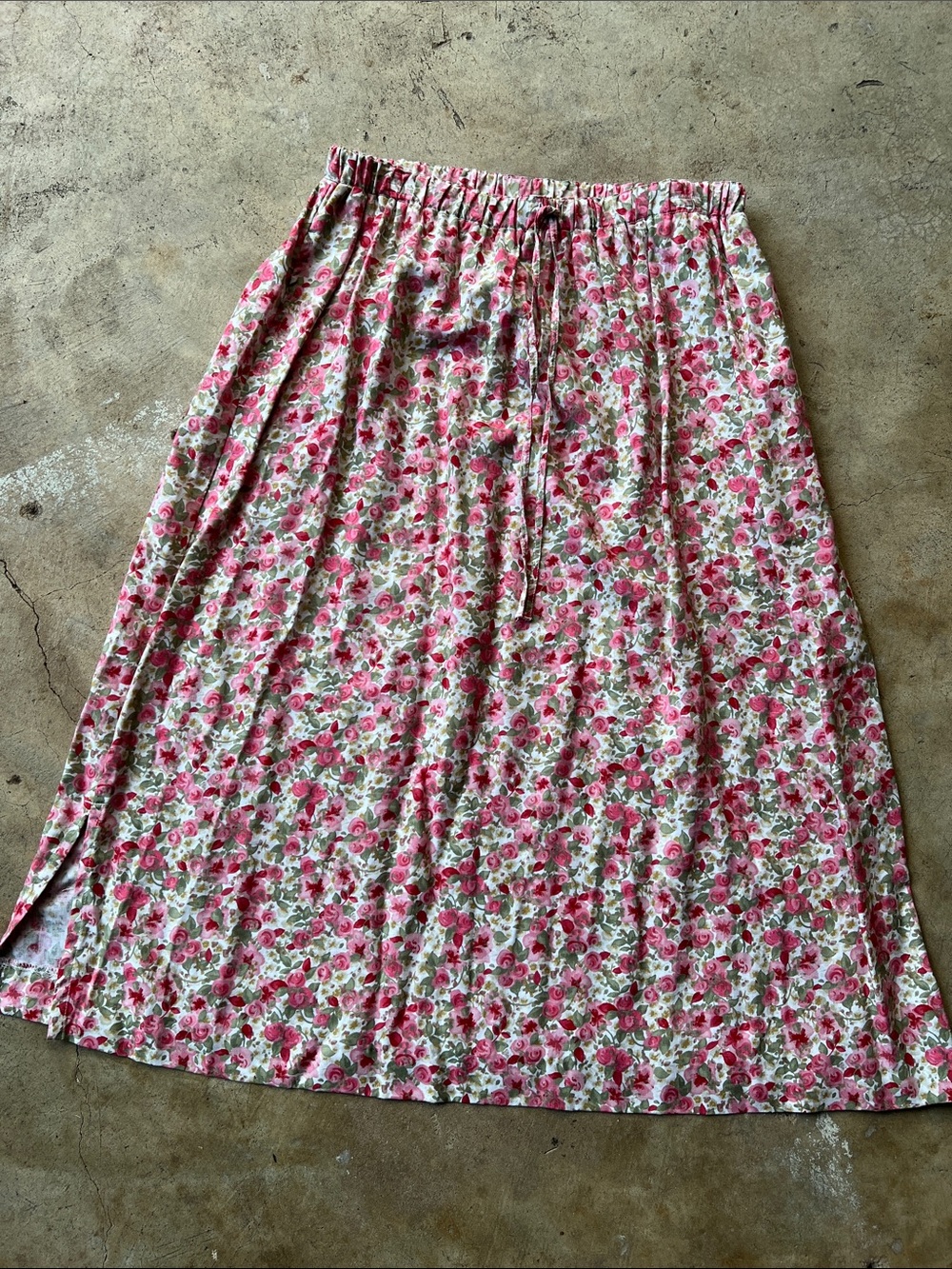 Floral Pink Midi Skirt with Drawstring Waist